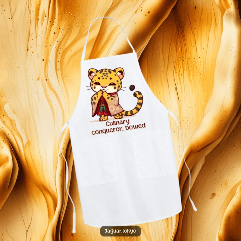 Funny Jaguar Apron, a proud jaguar in a kimono bows gracefully, stylish kitchen protection with a touch of regal humor.