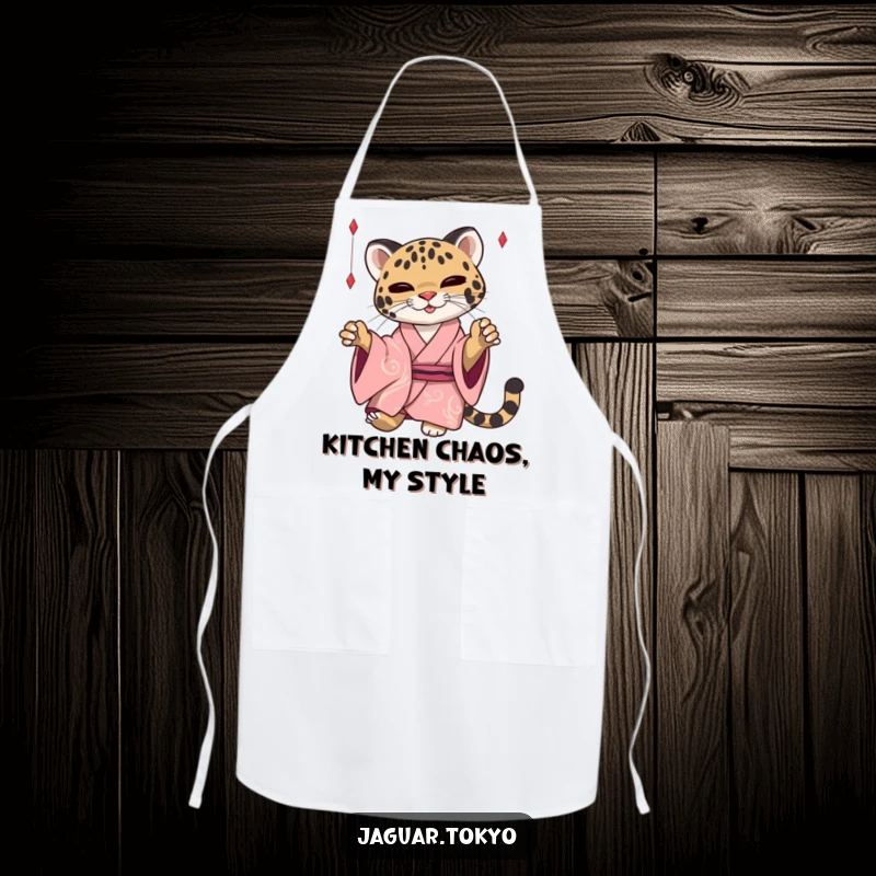 Funny Jaguar Apron, a sleek jaguar in a kimono playfully batting threads, stylish kitchen protection with a humorous touch.