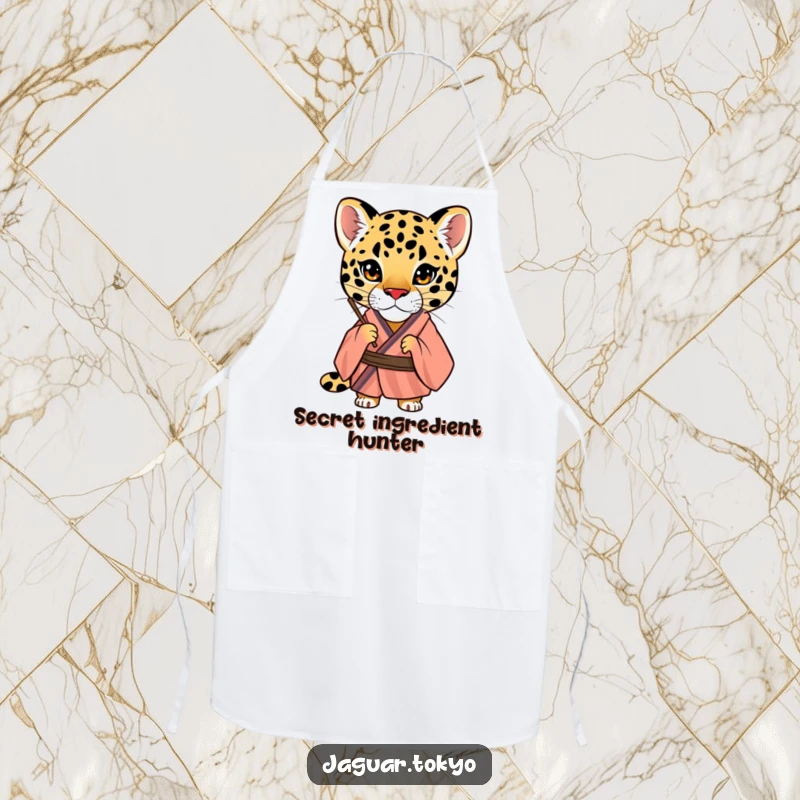 Funny Jaguar Apron, a curious jaguar in a striped kimono peers through a fan, stylish kitchen protection with intriguing humor.