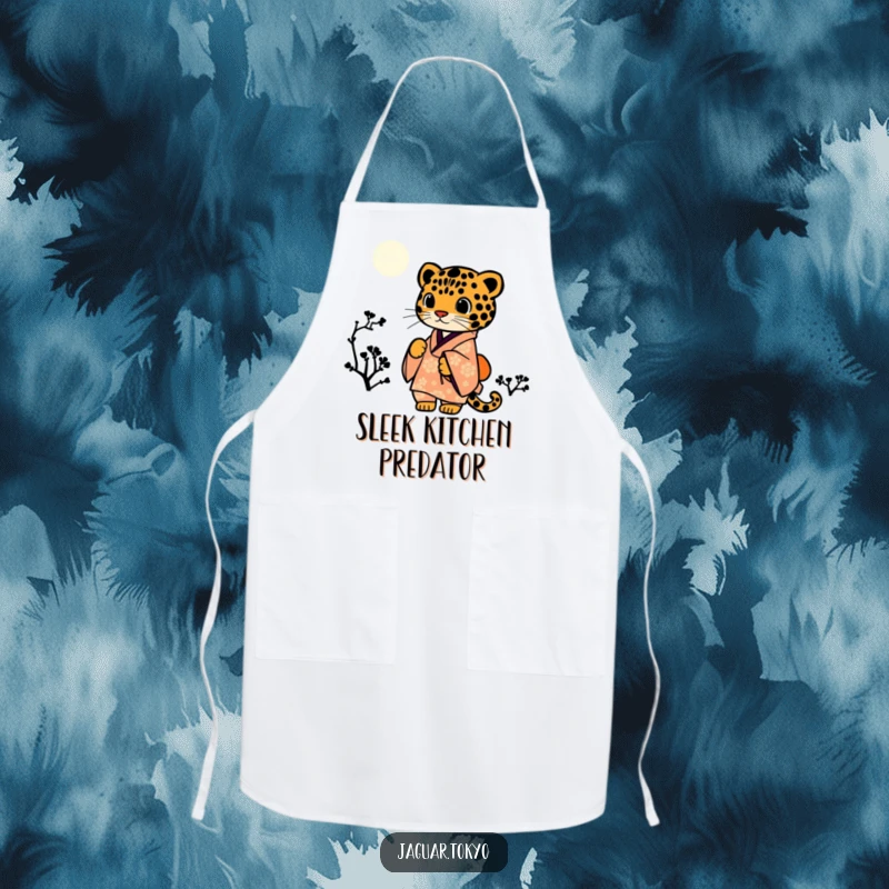 Funny Jaguar Kimono Apron featuring a jaguar in a kimono silhouetted against a starry night sky, perfect for cooking.