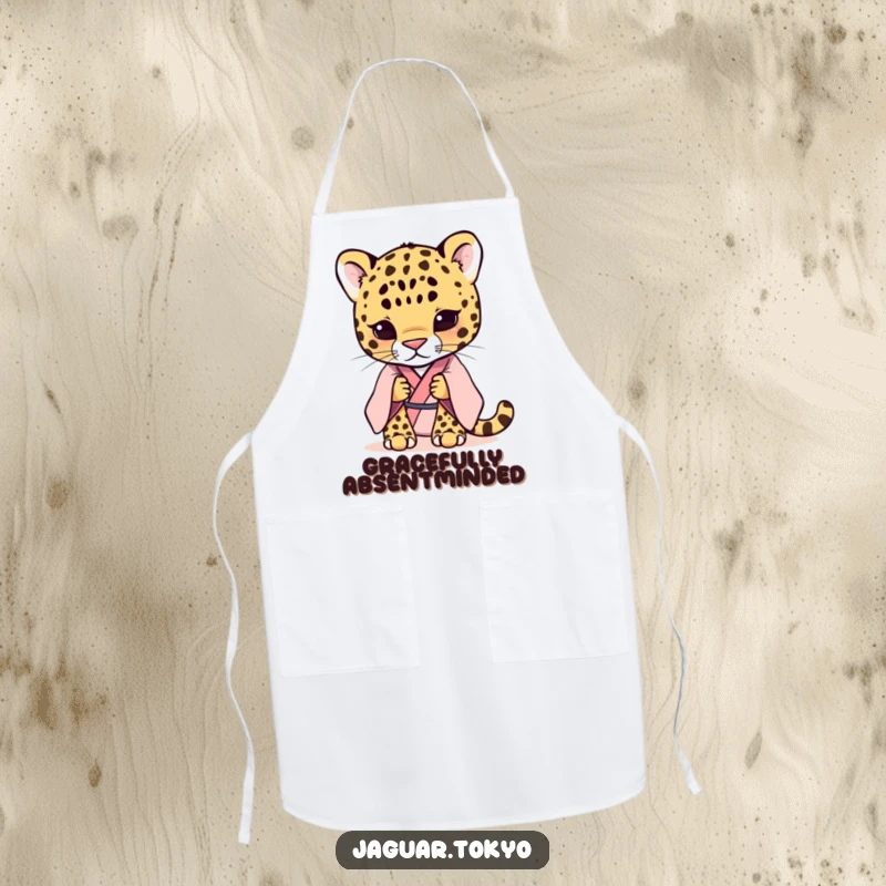 Funny shy jaguar in a pastel kimono, ready to cook, printed on a functional apron. Pastel colors.