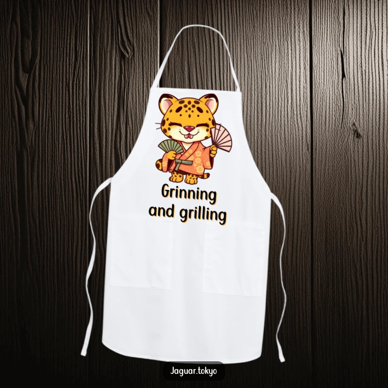 Funny jaguar apron, a jaguar in a kimono holding a fan, with a mischievous grin, ready to cook.