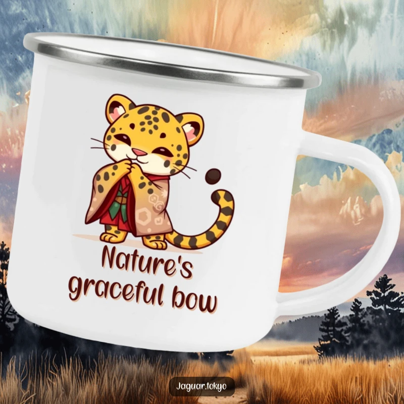 Funny Jaguar Camping Mug, a proud jaguar in a kimono bows gracefully, perfect for outdoor adventures with a touch of regal humor.