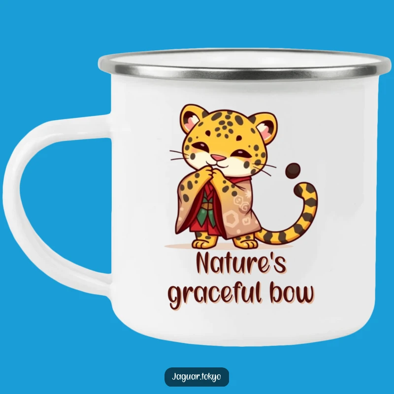 Funny Jaguar Camping Mug: Kimono Bowing Feline Cup - Majestic Outdoor Gift