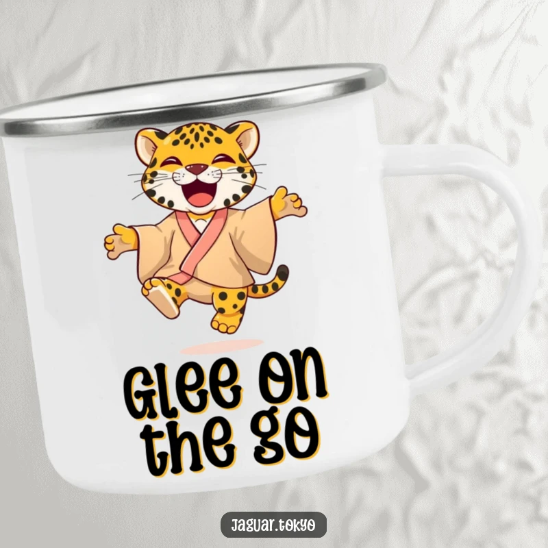 Joyful Camping Mug of a playful jaguar in a colorful kimono, jumping with glee, ready for outdoor enjoyment with vibrant energy.
