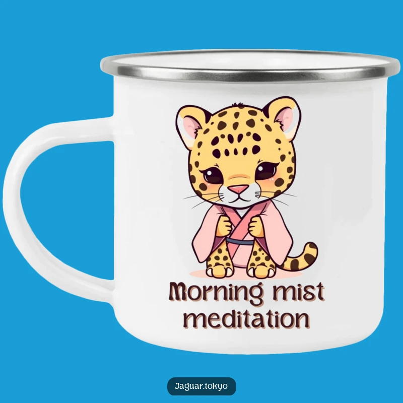 Funny Shy Jaguar Kimono Camping Mug: Pastel Enamel Cup, Perfect Outdoor Gift