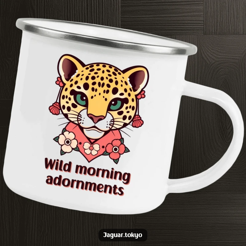 Funny Floral Jaguar Head Kimono Camping Mug with a stylized jaguar head, floral kimono collar, and earrings for outdoor adventures.