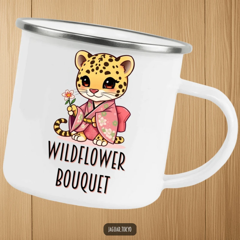 Funny cute jaguar camping mug, an adorable jaguar in a floral kimono presenting a flower outdoors.