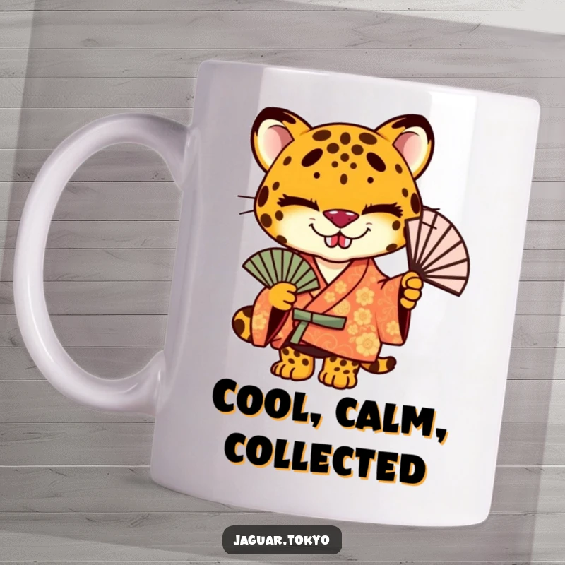 Funny jaguar mug, a stylized feline with a mischievous grin wearing a vibrant patterned kimono and holding a fan.