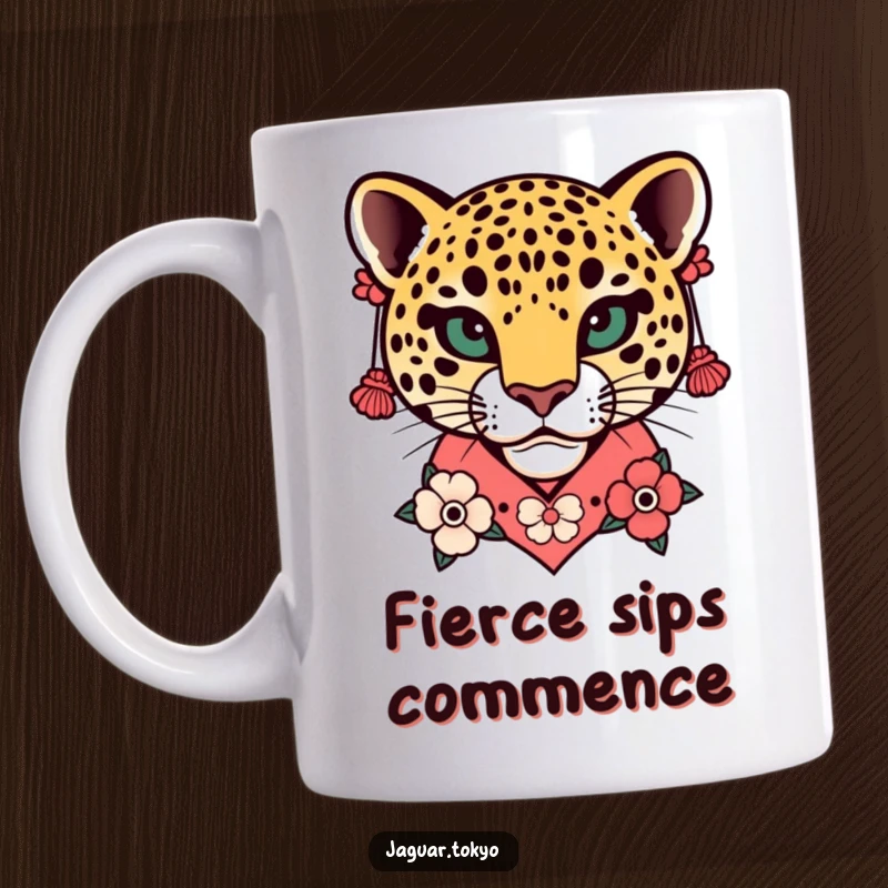 Funny Floral Jaguar Head Kimono Mug featuring a stylized jaguar head in vibrant floral kimono style jewelry.