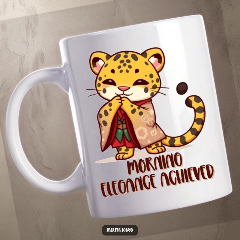 Funny Jaguar Mug featuring a proud jaguar in a bold kimono performing a graceful bow with its tail elegantly curled, showcasing dignity.