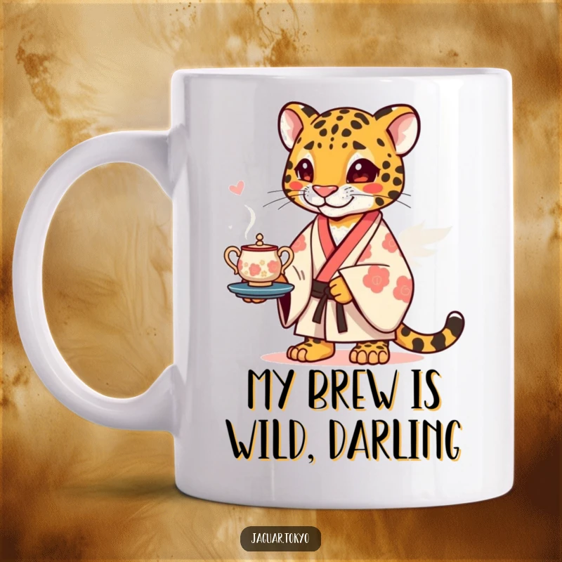 Funny Mug featuring a playful jaguar wearing a kimono, skillfully balancing a stylized tea set during a delightful tea party.