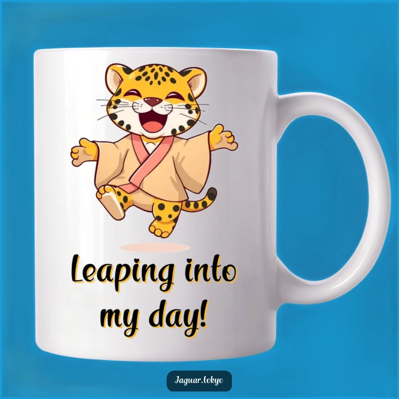 Joyful Jaguar Kimono Mug: Playful Feline Jumping with Glee Hilariously
