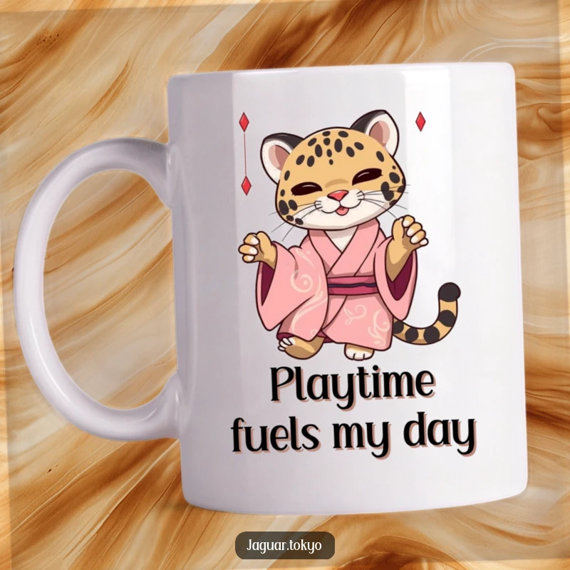 Funny Jaguar Mug featuring a sleek jaguar in a silken kimono playfully batting at dangling threads, exuding grace and lighthearted fun.