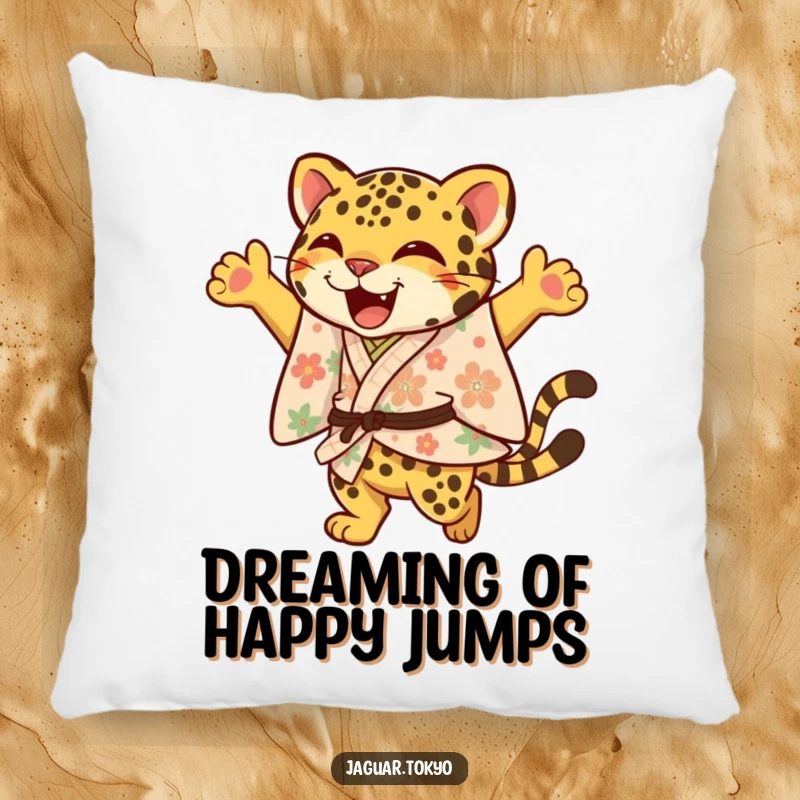 Funny Jaguar Pillow, a joyful jaguar in a floral kimono leaps with an elegant flourish, offering comfort and a burst of cheerful humor.