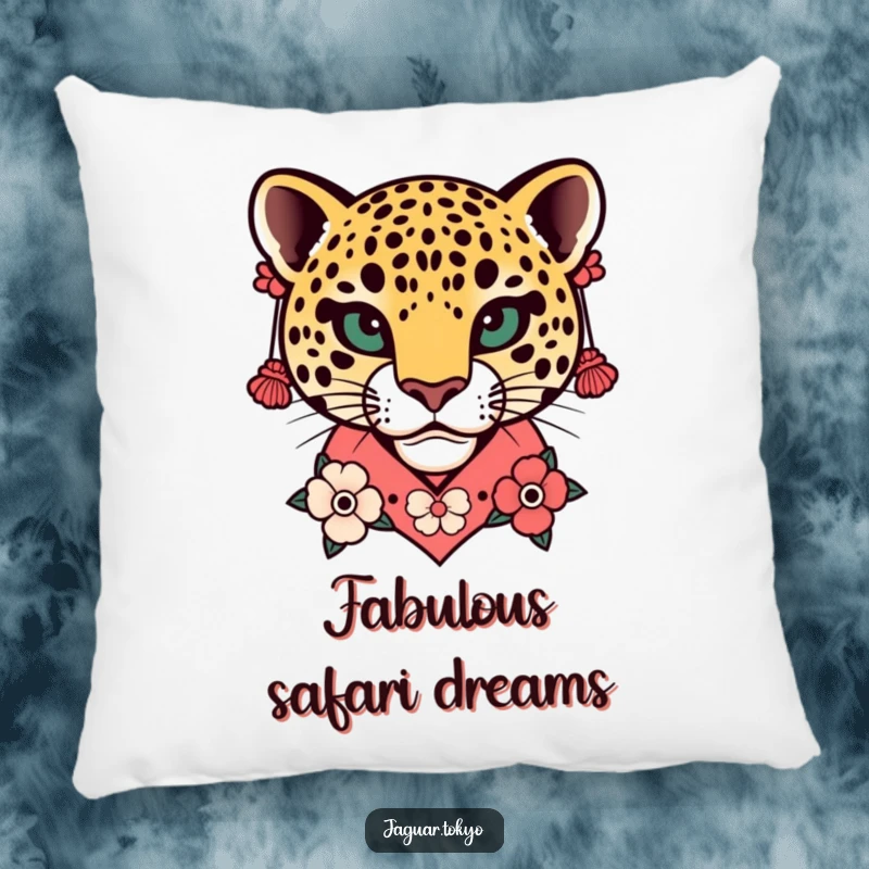 Funny Floral Jaguar Head Kimono Pillow with a stylized jaguar head, adorned in a floral kimono collar and elegant earrings.