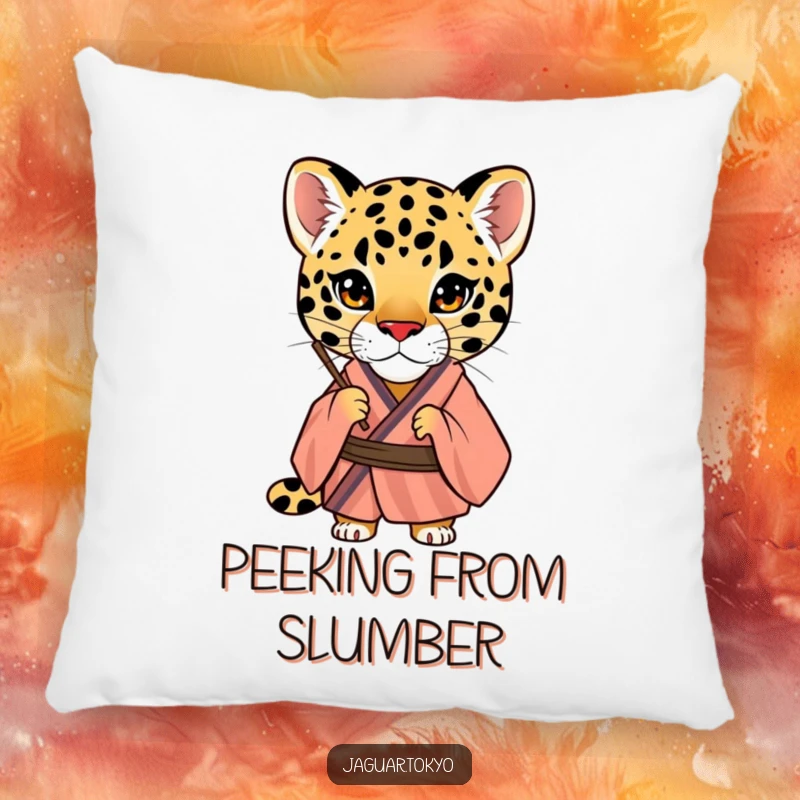 Funny Jaguar Pillow, a curious jaguar in a striped kimono peers through a fan, offering comfort and a touch of intriguing humor.