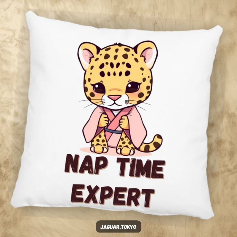 Funny shy jaguar in a pastel kimono, soft and serene, depicted on a plush pillow. Pastel art.