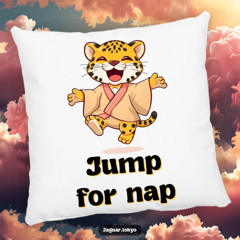 Playful Pillow with a jaguar in a colorful kimono, jumping with glee, designed for cozy comfort and vibrant feline energy.