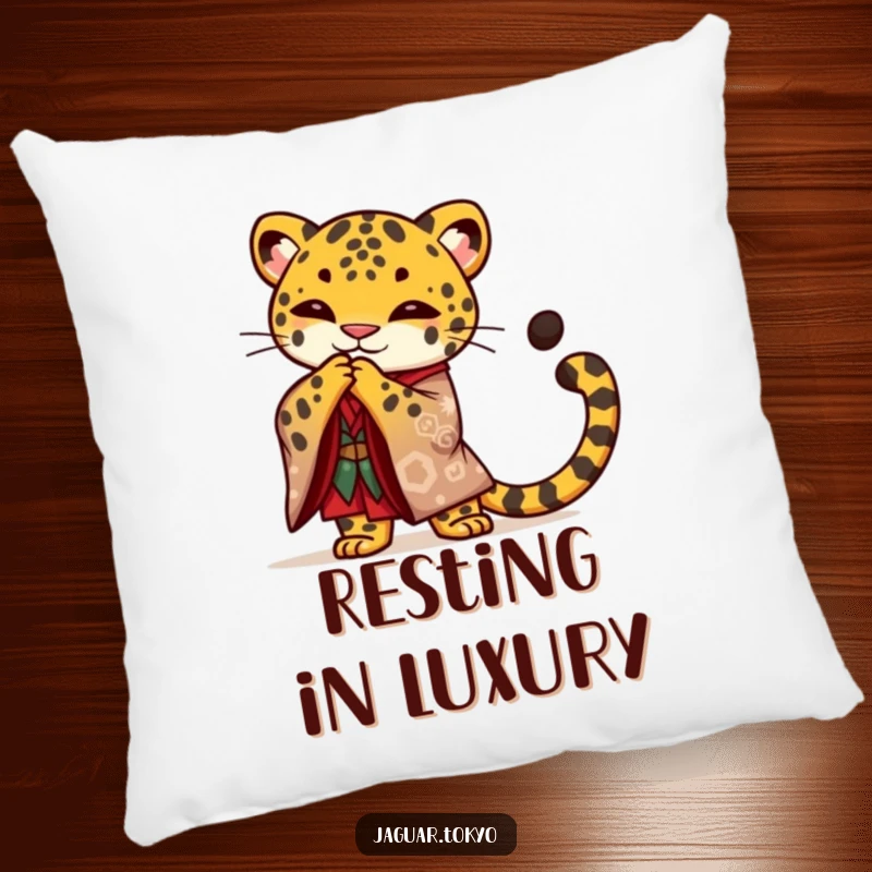 Funny Jaguar Pillow, a proud jaguar in a kimono performs a graceful bow, offering comfort and a touch of regal humor.