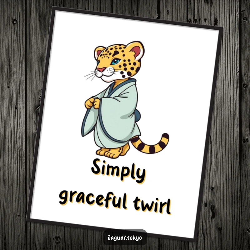 Elegant Digital Art Print of a refined jaguar in a simple kimono, captured mid-twirl with serene grace and sophisticated feline artistry.