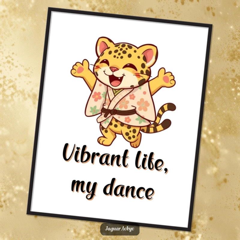 Funny Jaguar Digital Art, a joyful jaguar in a floral kimono leaping with an elegant flourish, high-resolution printable for instant cheerful decor.
