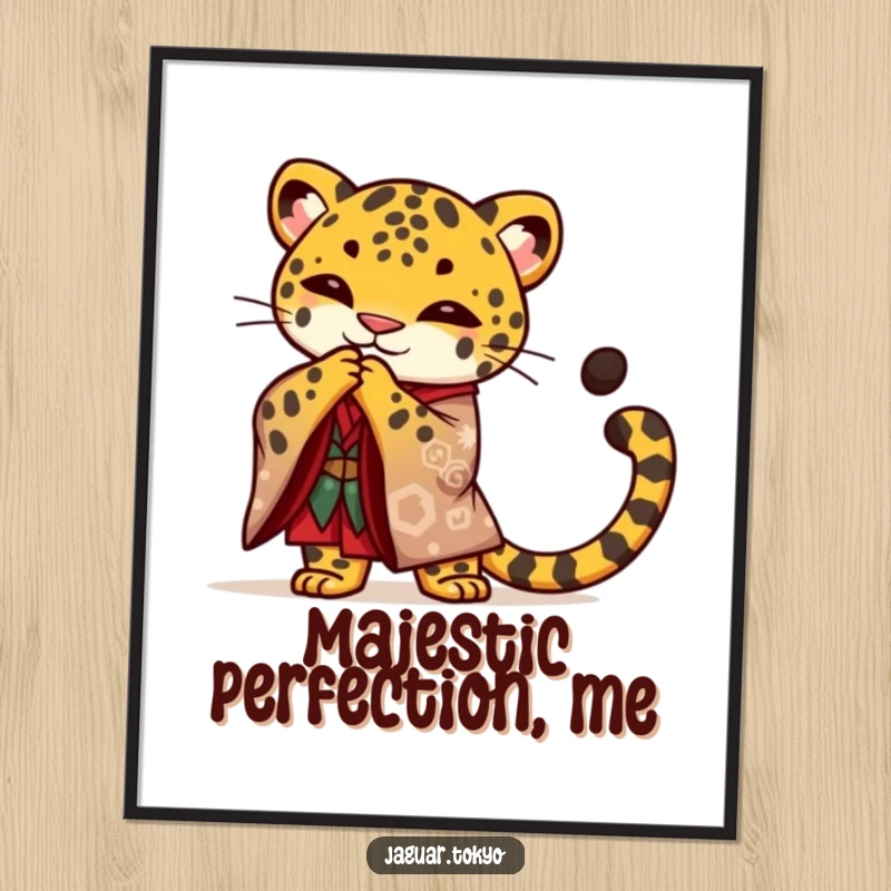 Funny Jaguar Digital Art, a proud jaguar in a kimono bowing gracefully, high-resolution printable for instant regal and humorous decor.