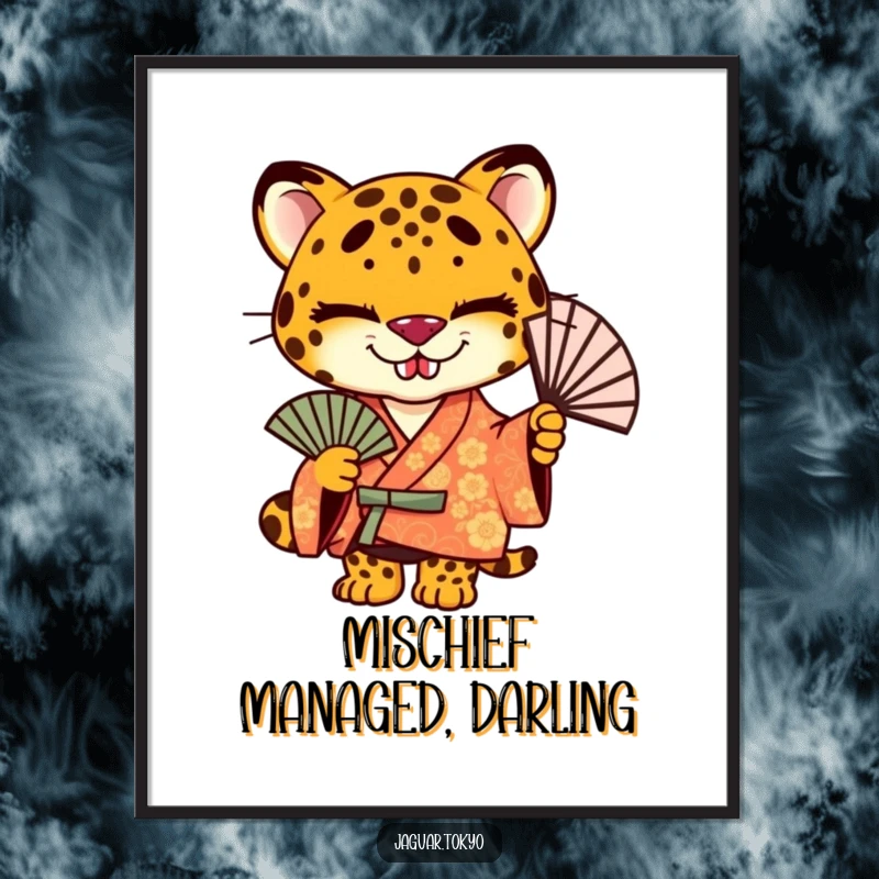 Funny jaguar digital art print, a stylized jaguar wearing a vibrant kimono, holding a fan with a sly grin.