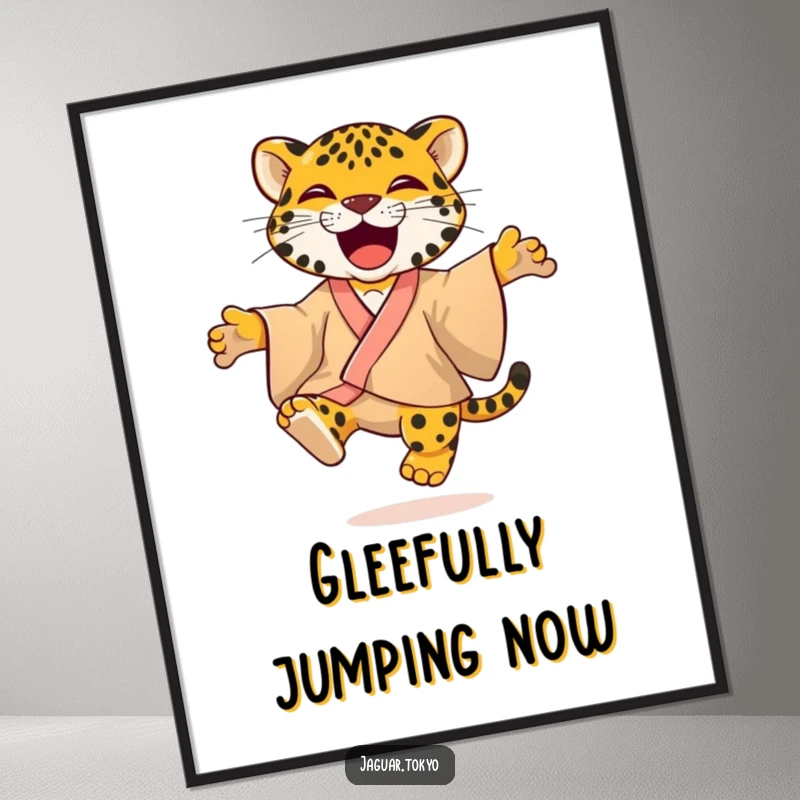 Joyful Digital Art Print of a playful jaguar in a colorful kimono, captured mid-jump with infectious glee and vibrant feline spirit.