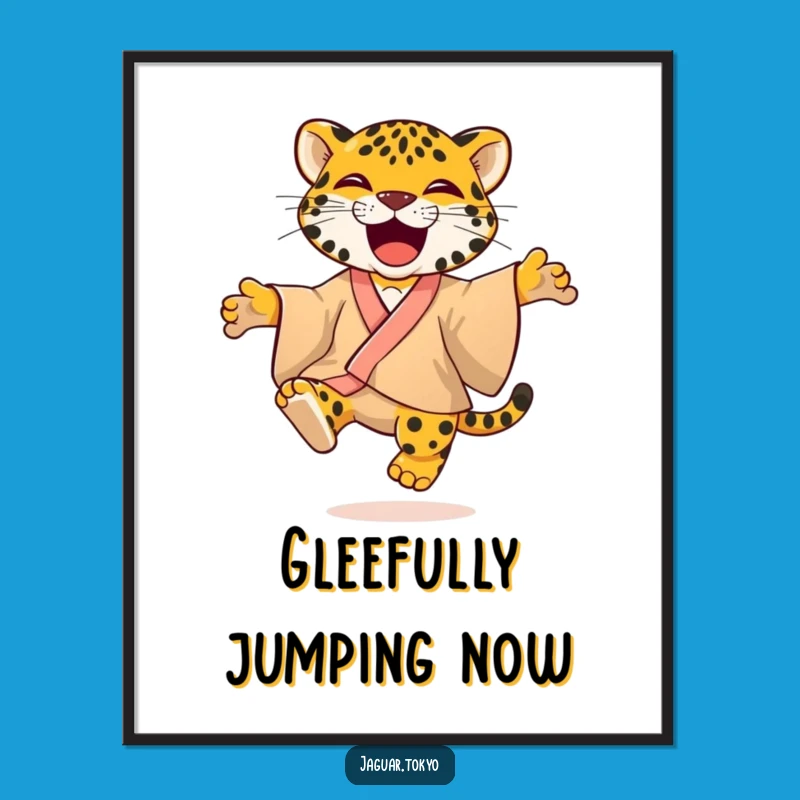 Joyful Jaguar Kimono Digital Print: Playful Feline Art Jumping with Glee