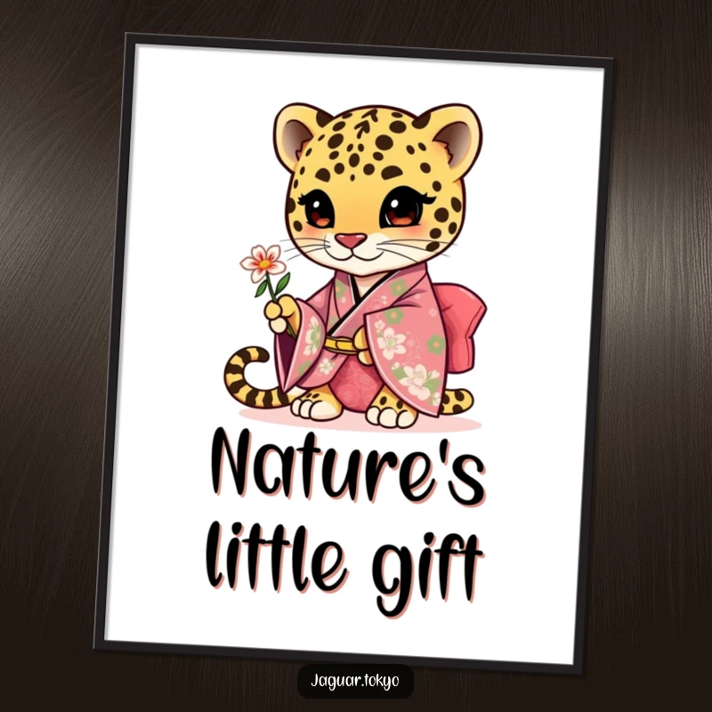 Funny cute jaguar digital art print, an adorable jaguar in a floral kimono, gracefully presenting a small flower.
