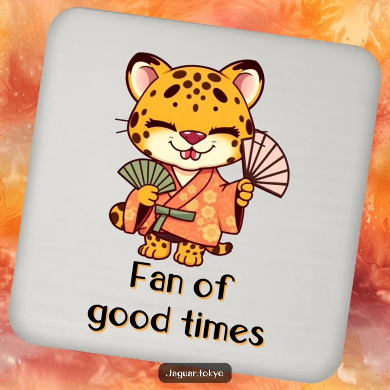 Funny jaguar coaster, a stylized jaguar in a kimono holding a fan, adding a mischievous touch.