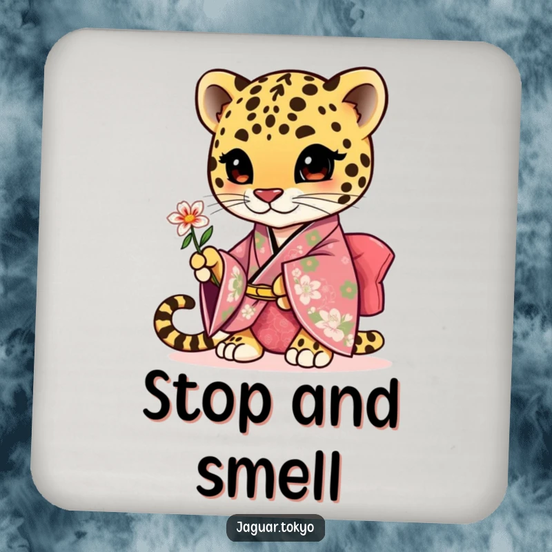 Funny cute jaguar coaster, an adorable jaguar in a floral kimono presenting a small flower.