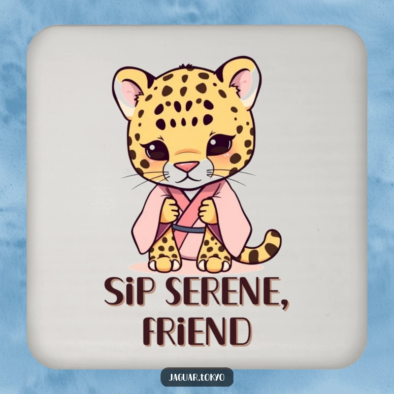 Funny shy jaguar in a pastel kimono, depicted on a coaster. Pastel art for table protection.