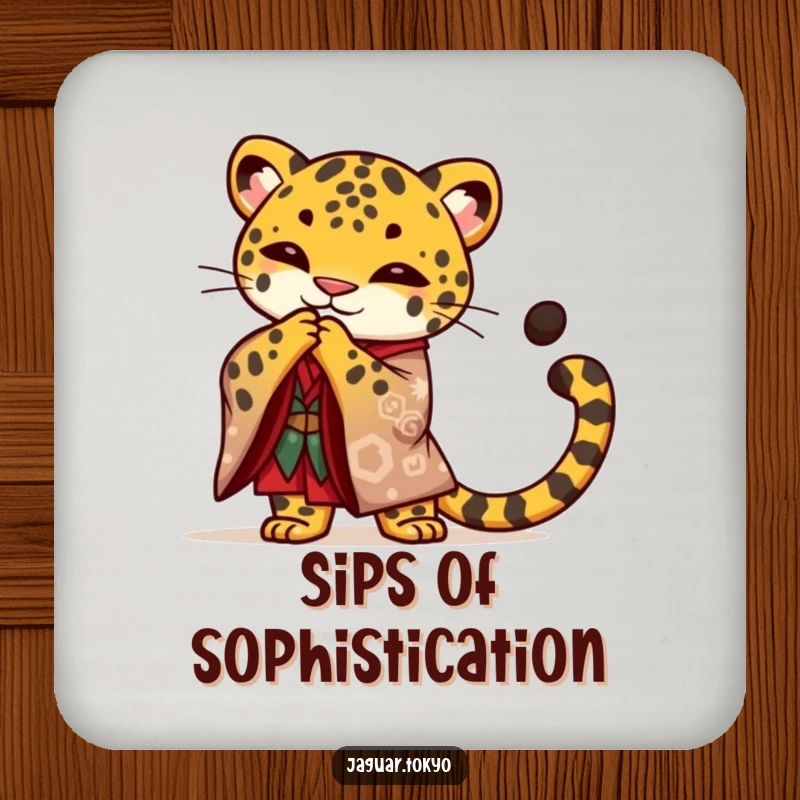 Funny Jaguar Drink Coaster, a proud jaguar in a kimono bows gracefully, offering stylish protection with a touch of regal humor.