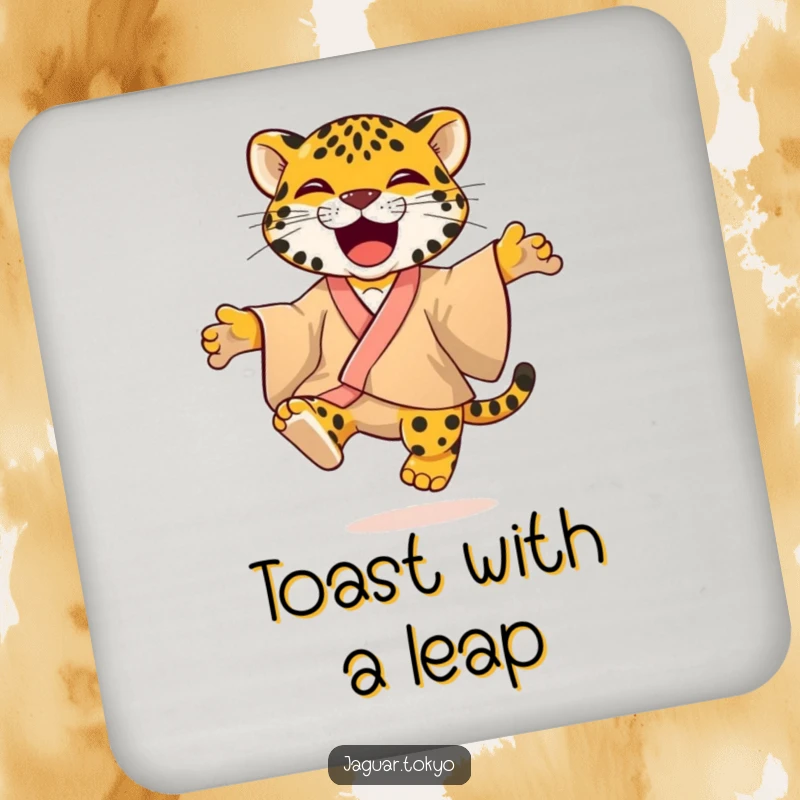Vibrant Coaster with a playful jaguar in a colorful kimono, jumping with glee, protecting surfaces with lively feline flair.