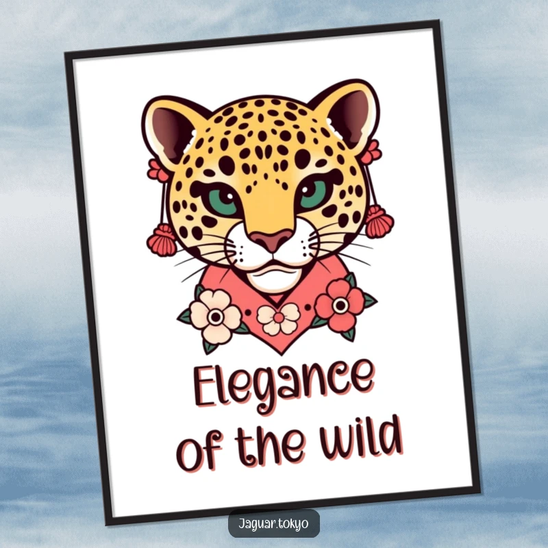 Funny Floral Jaguar Head Kimono Poster displaying a stylized jaguar head, richly decorated with a floral kimono collar and artistic earrings.