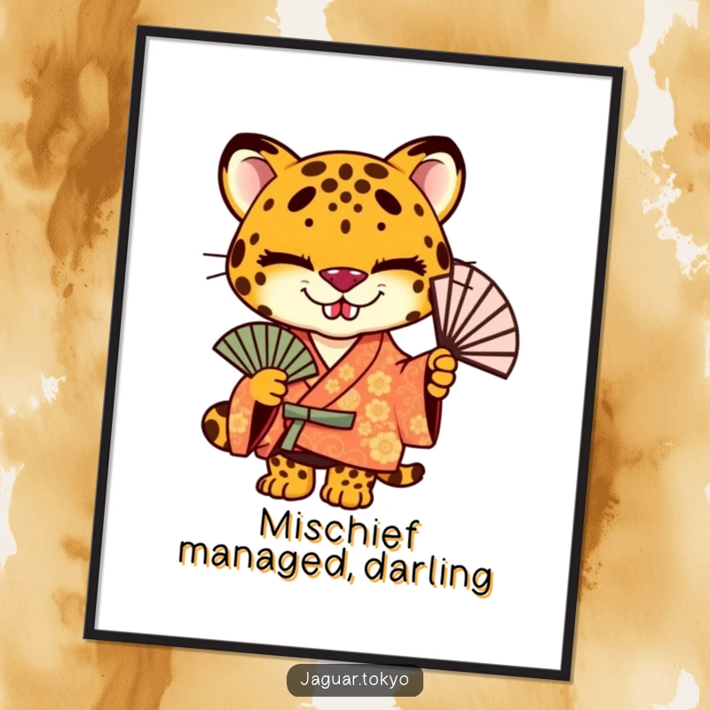 Funny jaguar poster, a stylized jaguar in a vibrant kimono holding a fan, with a distinctly mischievous grin.