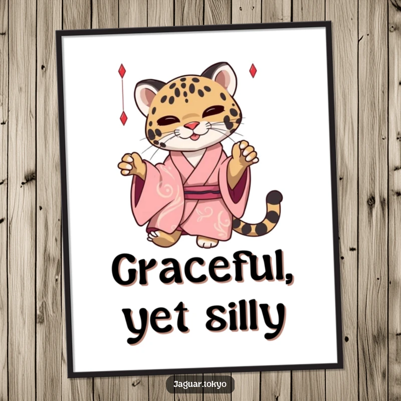 Funny Jaguar Poster, a sleek jaguar in a kimono playfully batting at loose threads, adding elegant humor to wall decor.