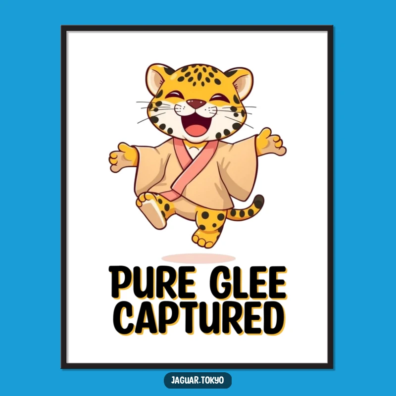Joyful Jaguar Kimono Poster: Playful Feline Art Jumping with Glee