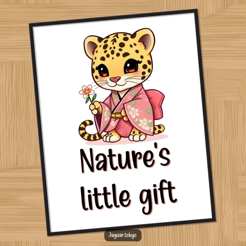 Funny cute jaguar poster, an adorable jaguar wearing a floral kimono, gracefully offering a single small flower.