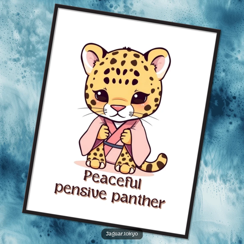 Funny shy jaguar in a pastel kimono, looking shy and peaceful, printed as a vibrant art poster. Pastel colors.
