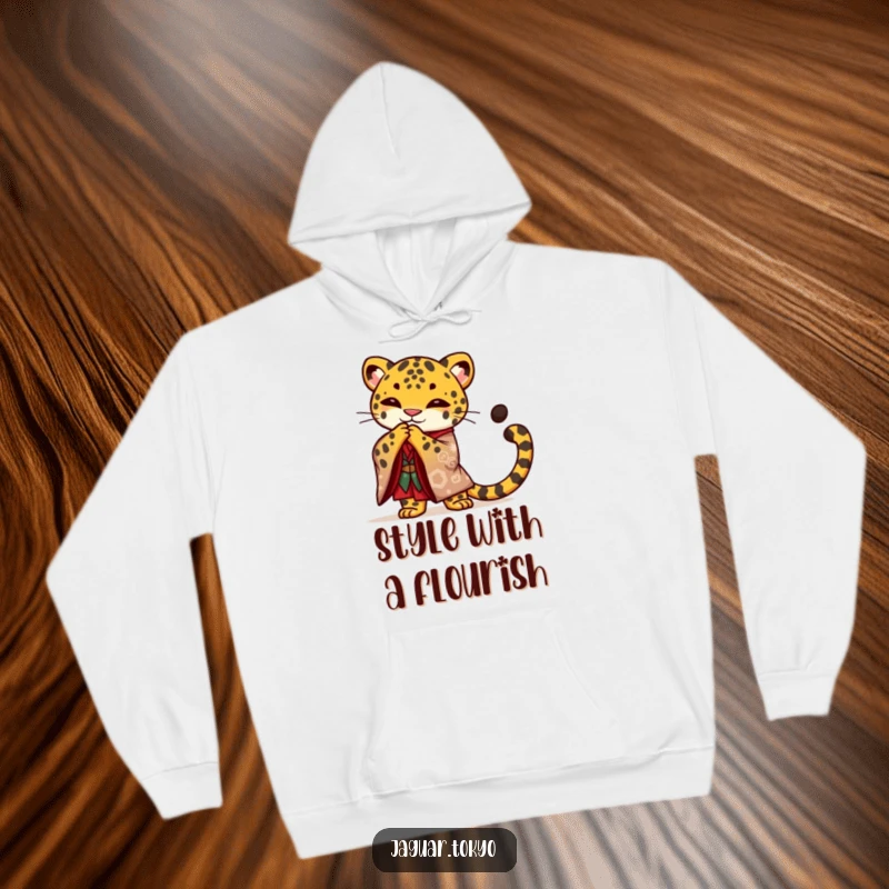 Funny Jaguar Hoodie, a proud jaguar in a kimono bows gracefully, offering warmth and a regal, humorous presence.