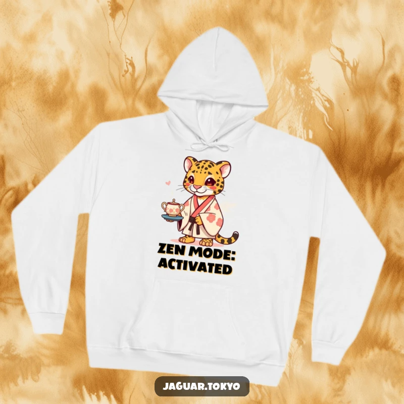 Funny Hoodie featuring a dapper jaguar in a kimono, humorously attempting to balance a stylized tea set, perfect for cozy laughs.