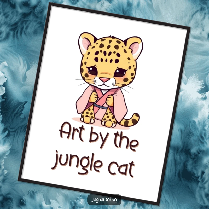 Funny Free Printable wall art featuring a shy jaguar in a pastel kimono, gazing softly with an air of tranquil elegance.
