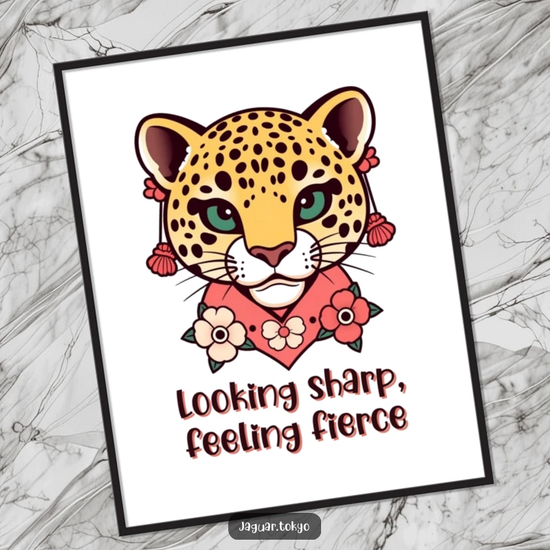 Funny Free Printable Wall Art: A stylized jaguar head featuring an intricate floral kimono collar and striking earrings.
