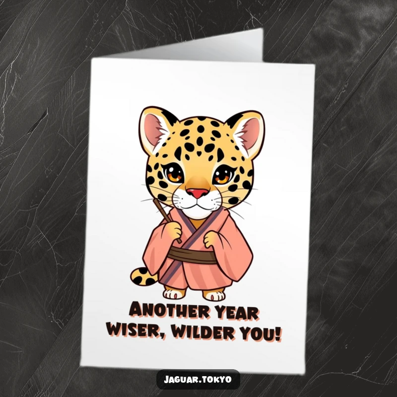 Funny Free Printable Birthday Card: A curious jaguar in a striped kimono peers mischievously through a traditional fan.