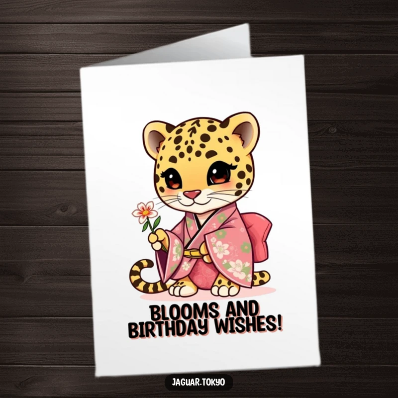 Funny Free Printable Birthday Card: A cute jaguar in a floral kimono gracefully presents a small flower.
