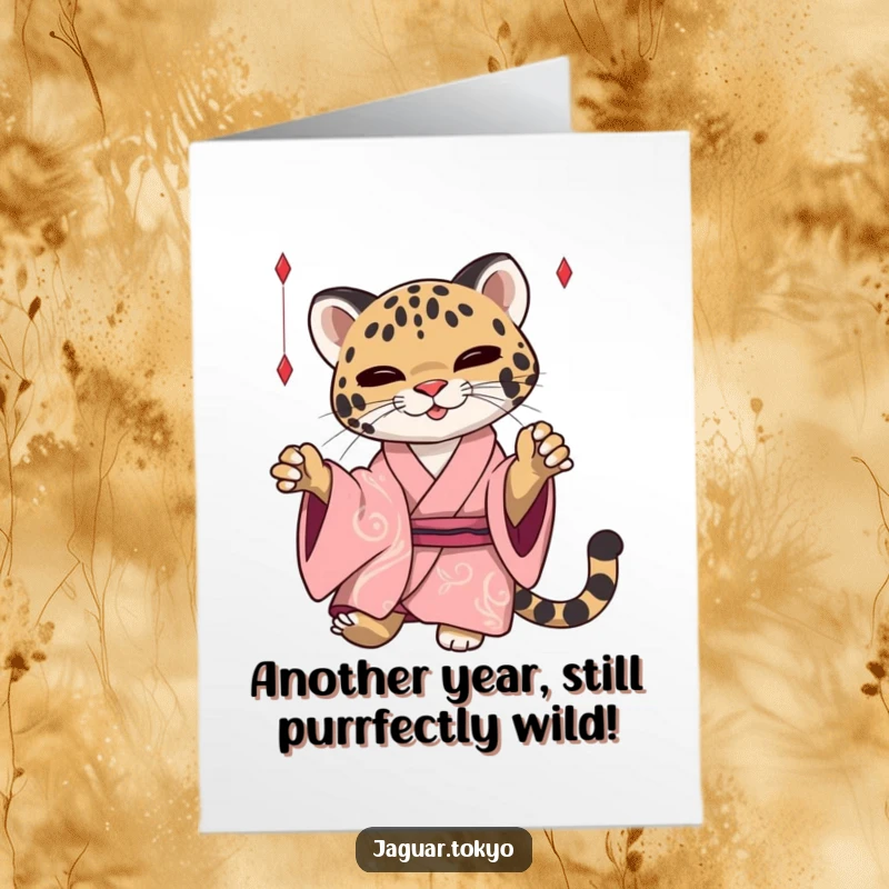 Funny Free Printable Birthday Card: A sleek jaguar in a silken kimono playfully bats at loose threads with charm.
