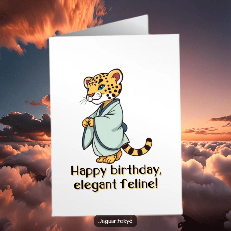 Elegant Free Printable Birthday Card: A jaguar in a simple, refined kimono gracefully twirling with poise and style.